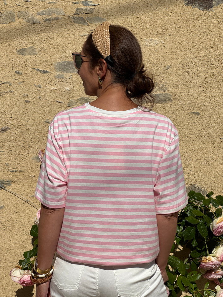Tee-shirt rayures rose fond blanc LENA
