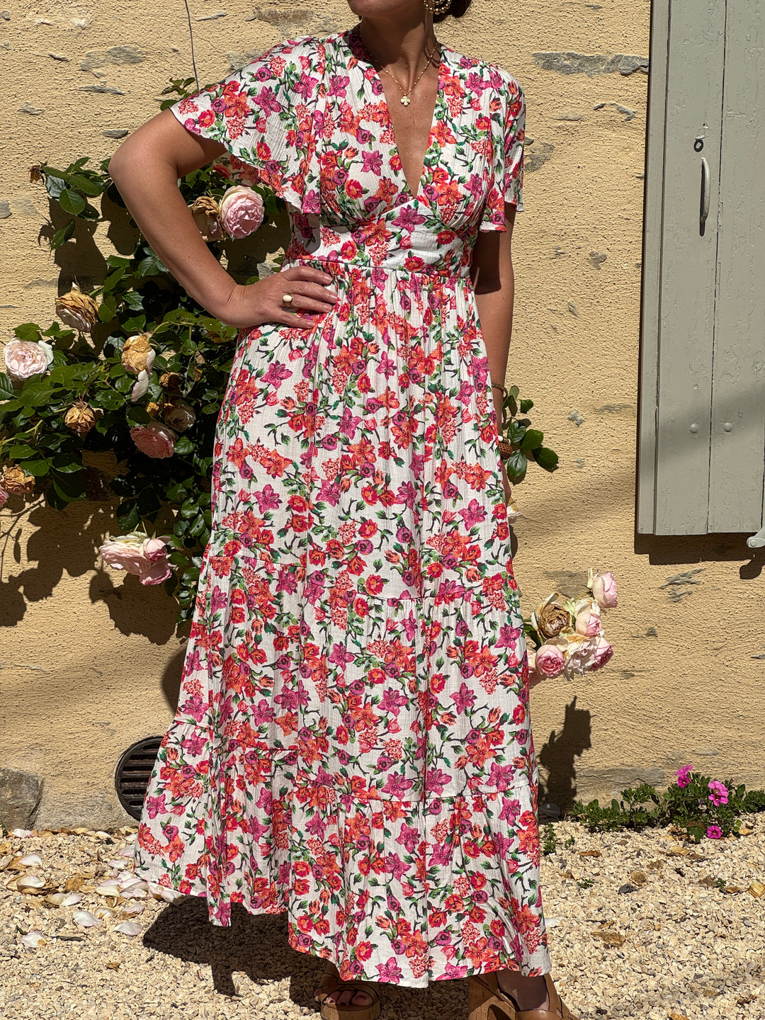Robe imprimé floral orange, rose et vert RANIA