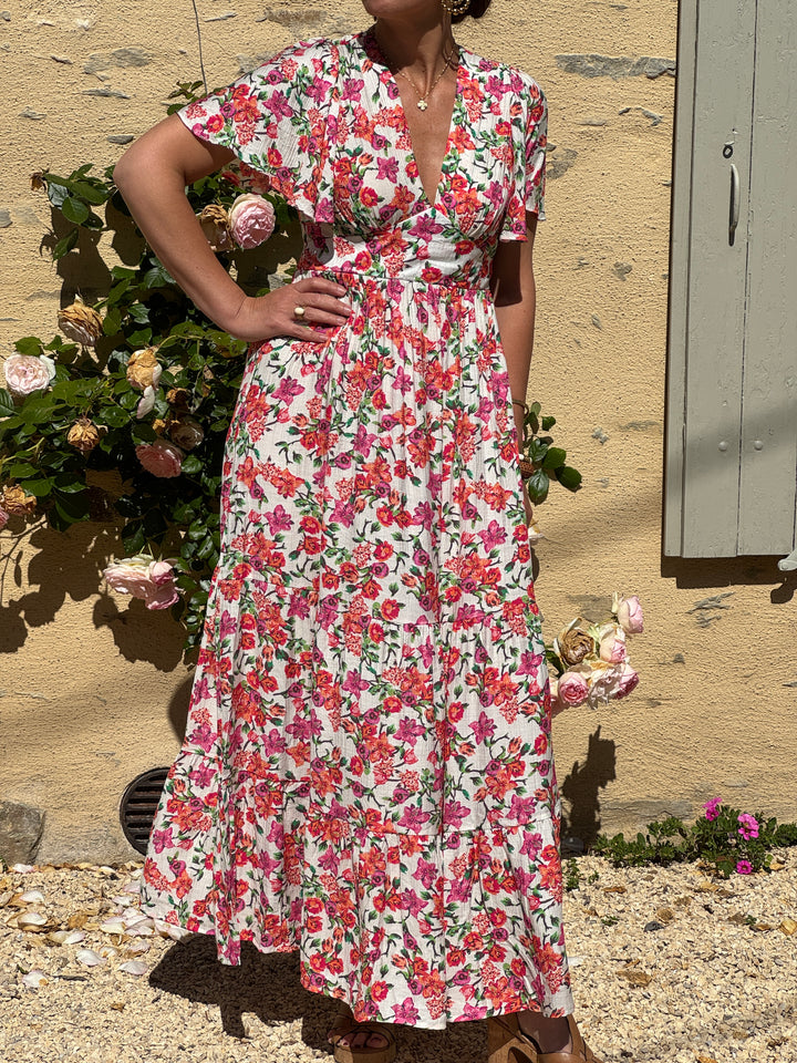 Robe imprimé floral orange, rose et vert RANIA