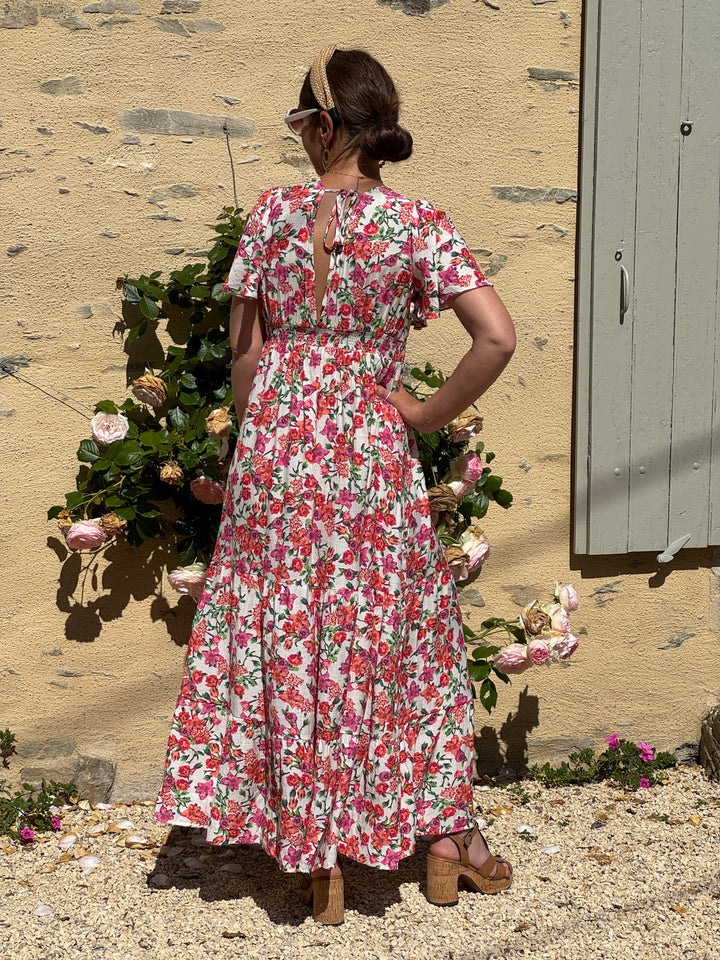 Robe imprimé floral orange, rose et vert RANIA