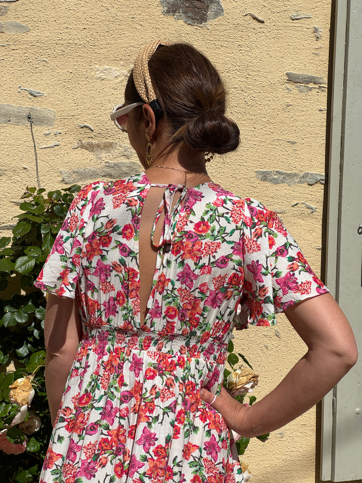 Robe imprimé floral orange, rose et vert RANIA