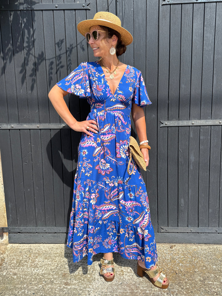 Robe longue bleu roi imprimé floral rose ATHENA