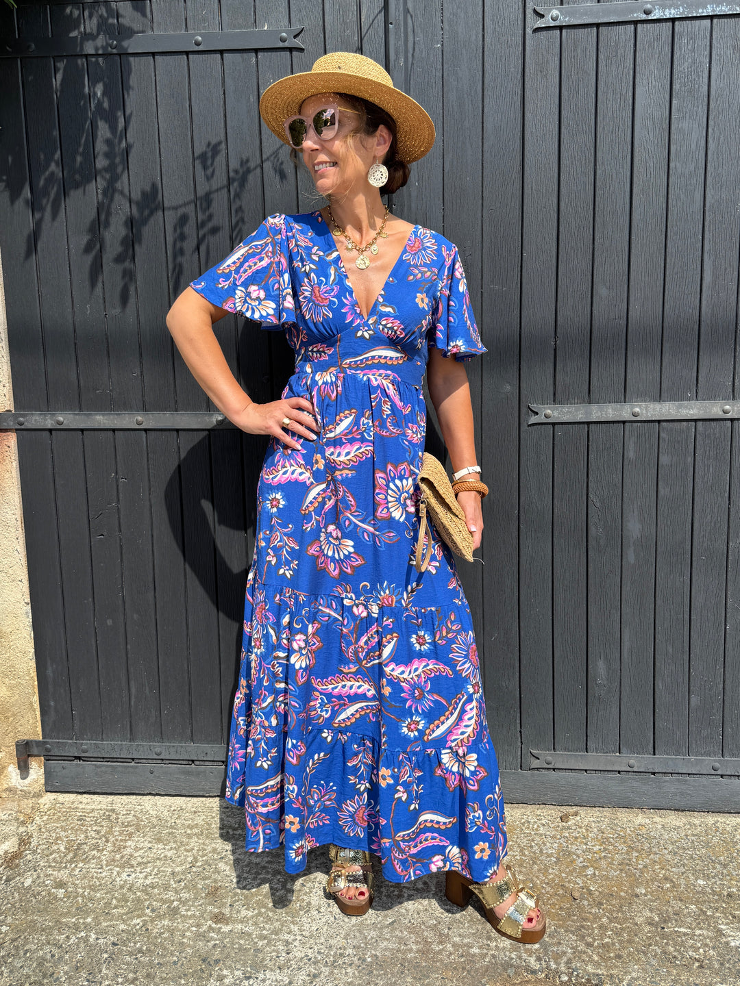 Robe longue bleu roi imprimé floral rose ATHENA