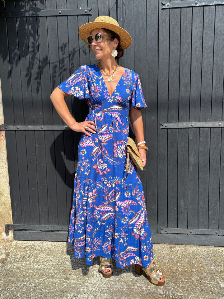 Robe longue bleu roi imprimé floral rose ATHENA