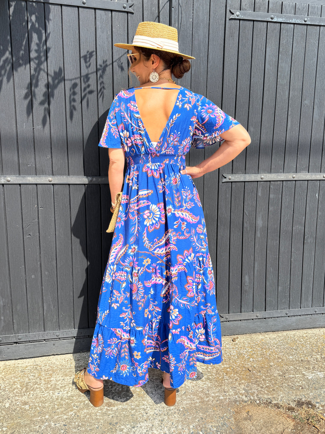 Robe longue bleu roi imprimé floral rose ATHENA