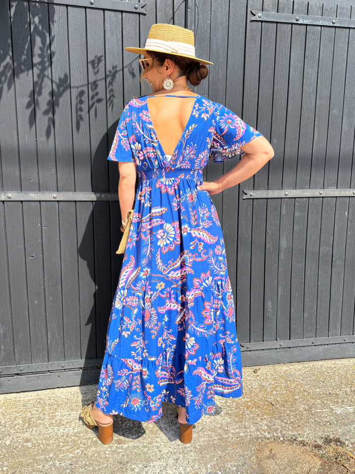 Robe longue bleu roi imprimé floral rose ATHENA