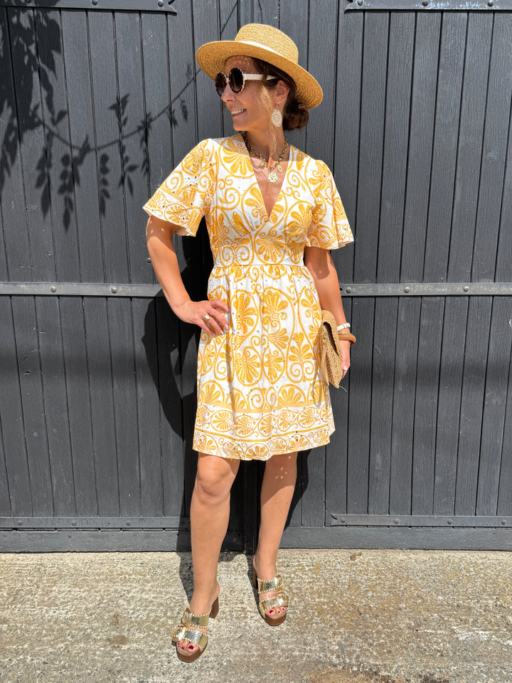 Robe courte blanche imprimé florale jaune LOUISE