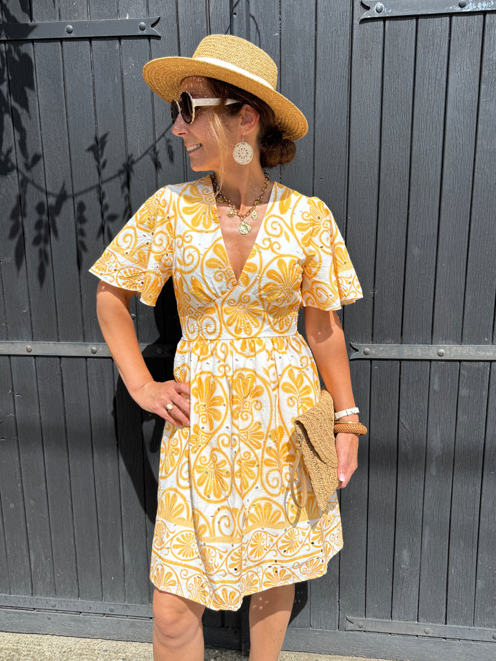 Robe courte blanche imprimé florale jaune LOUISE