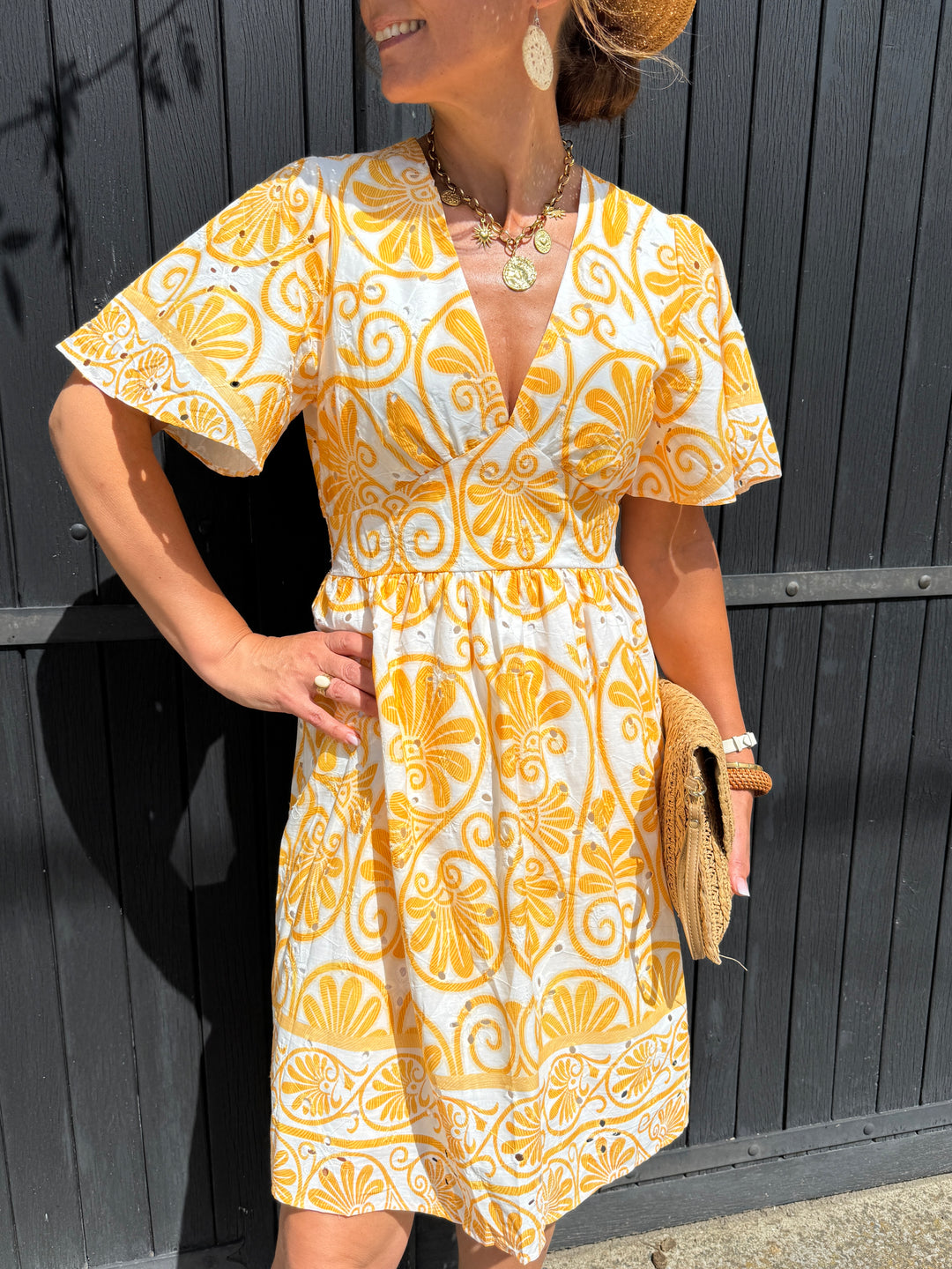 Robe courte blanche imprimé florale jaune LOUISE