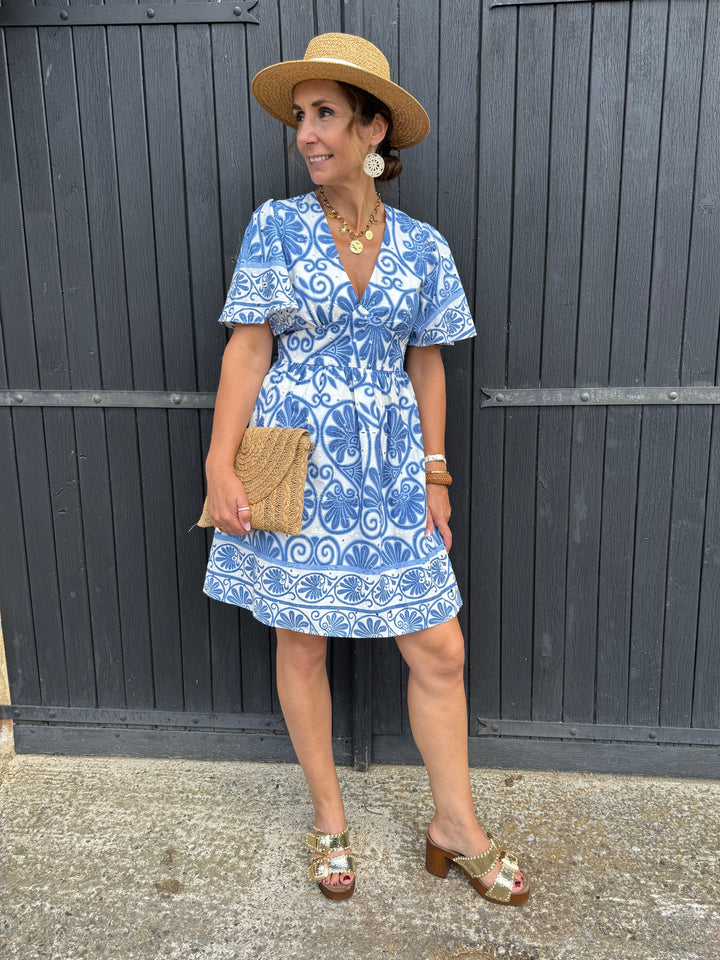 Robe courte blanche imprimé floral bleu EULALIE