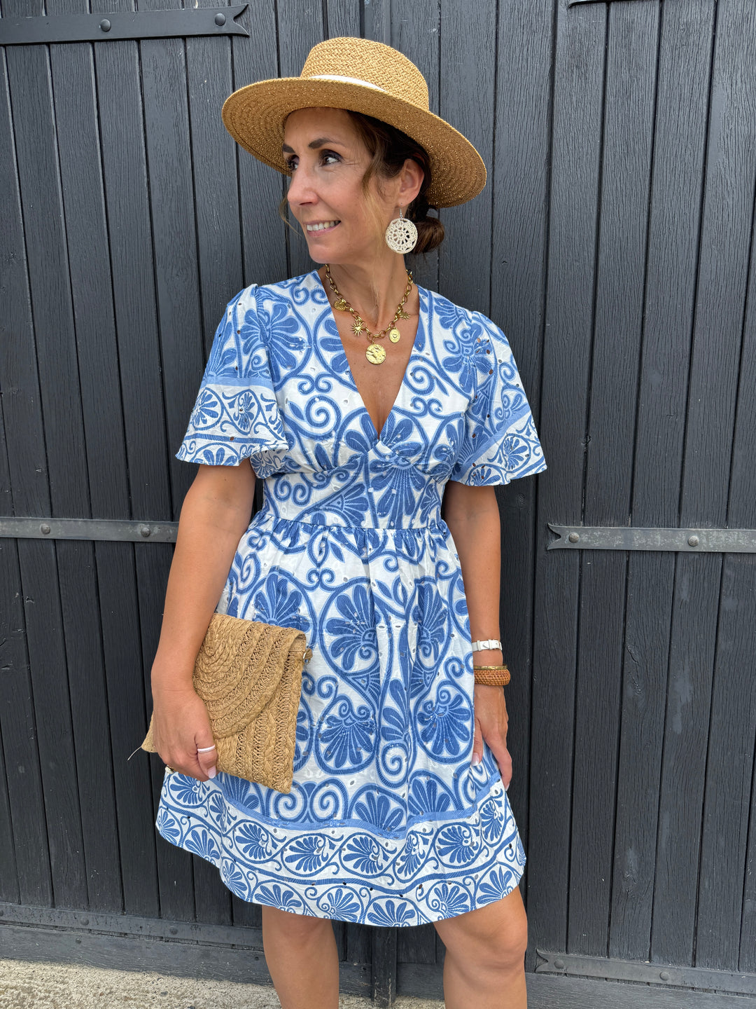 Robe courte blanche imprimé floral bleu EULALIE