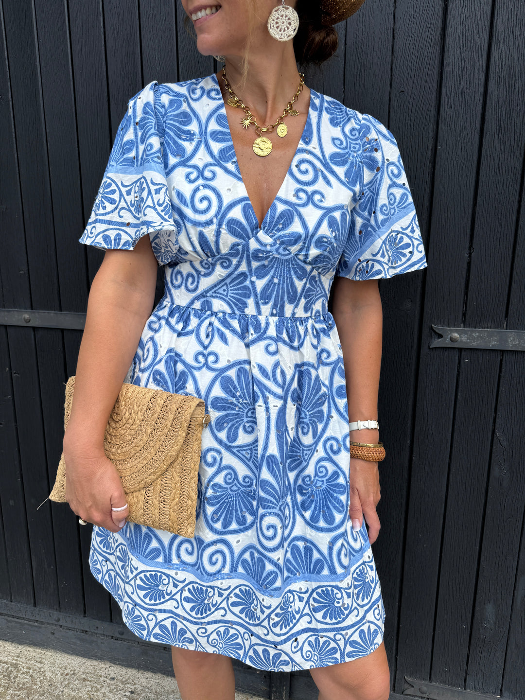 Robe courte blanche imprimé floral bleu EULALIE