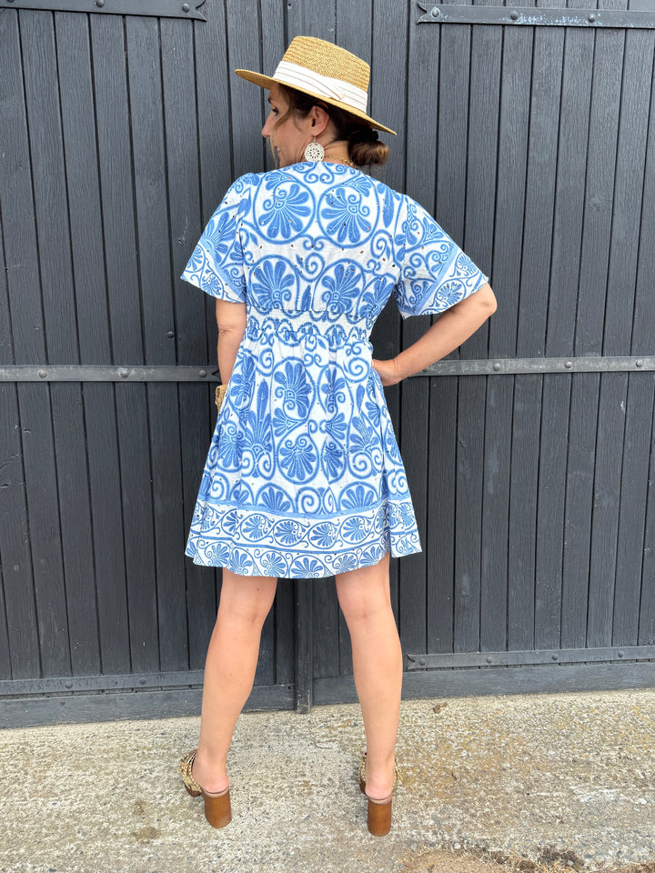 Robe courte blanche imprimé floral bleu EULALIE