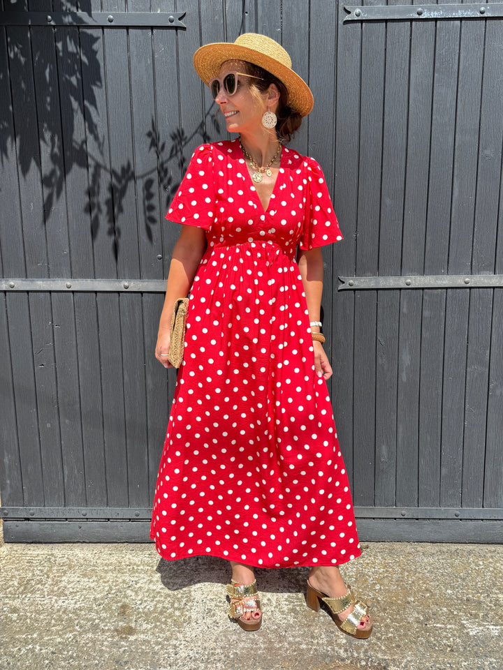Robe longue rouge à pois crème JEANNE