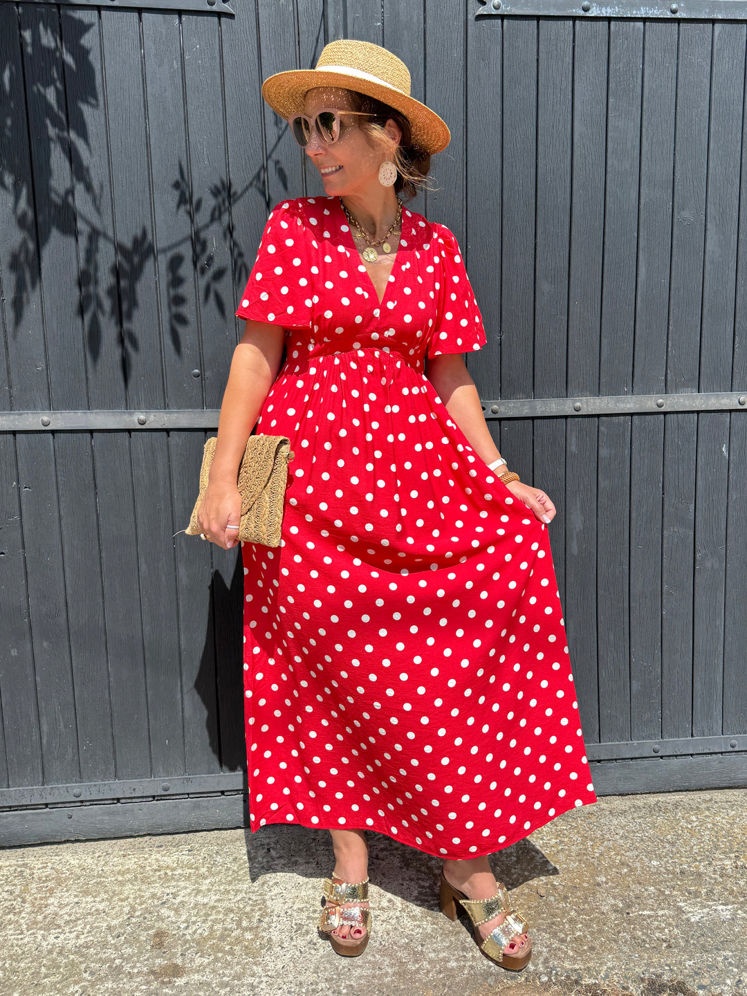 Robe longue rouge à pois crème JEANNE