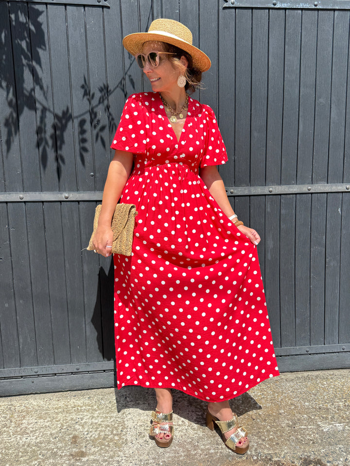 Robe longue rouge à pois crème JEANNE