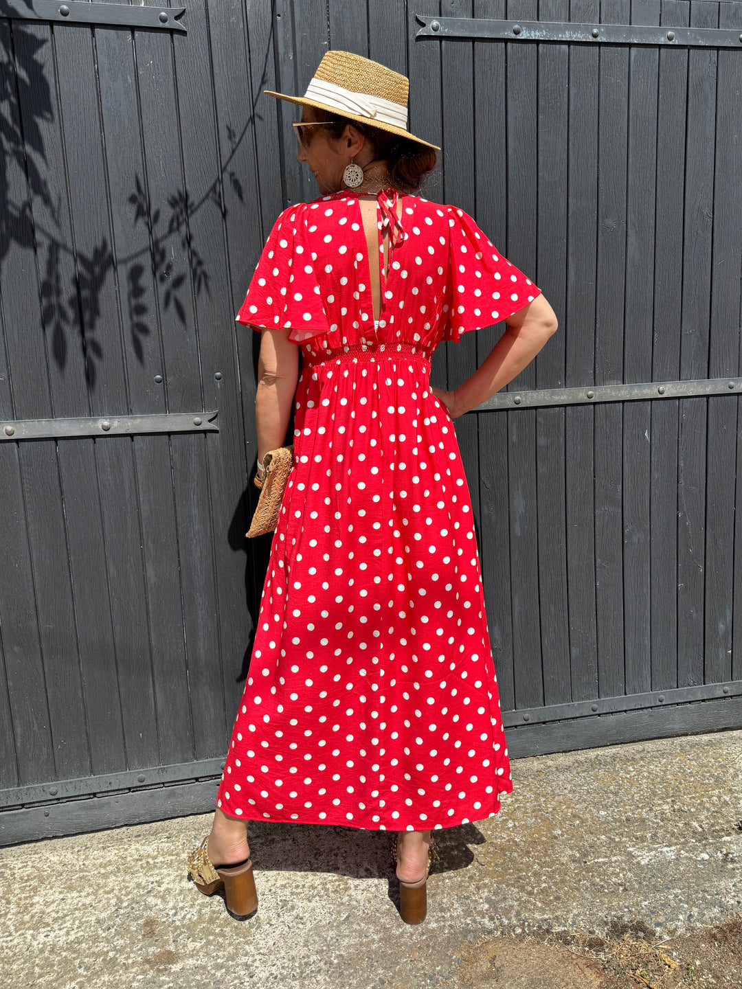Robe longue rouge à pois crème JEANNE