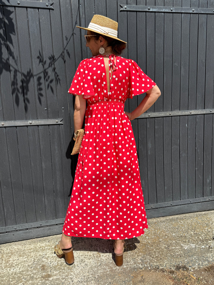 Robe longue rouge à pois crème JEANNE