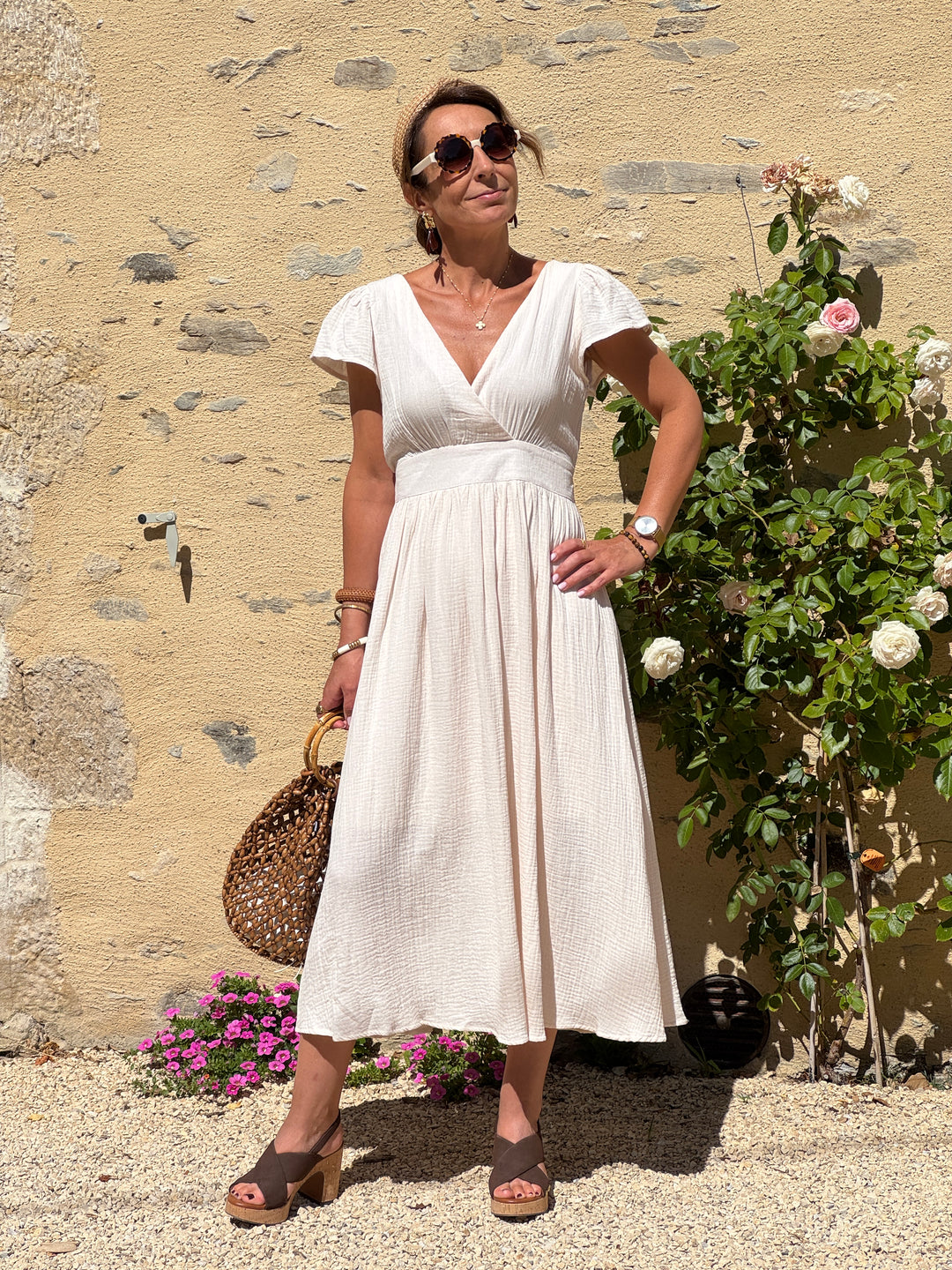 Robe beige gaze de coton MADDY In April 1986