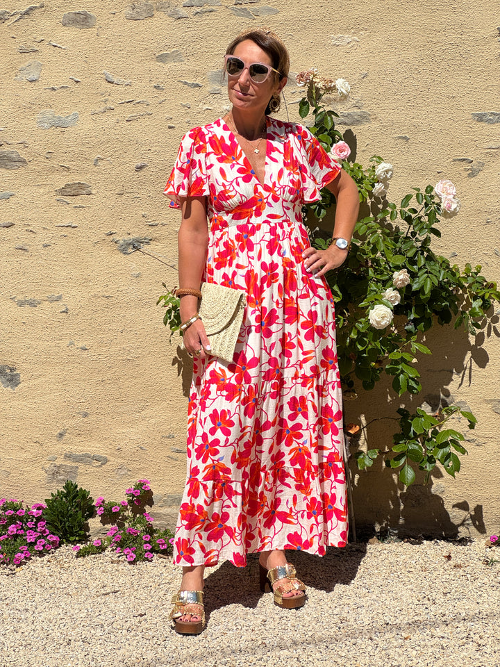 Robe floral rouge, rose, orange et bleu fond crème MARIBEL In April 1986