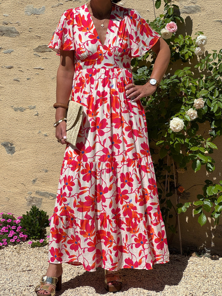 Robe floral rouge, rose, orange et bleu fond crème MARIBEL In April 1986