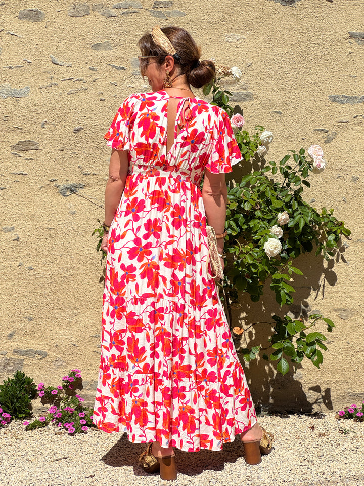Robe floral rouge, rose, orange et bleu fond crème MARIBEL In April 1986