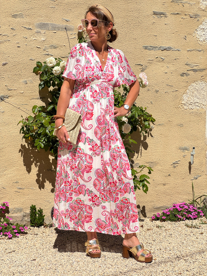 Robe imprimé floral rose, vert, rouge et orange fond blanc SUZY In April 1986