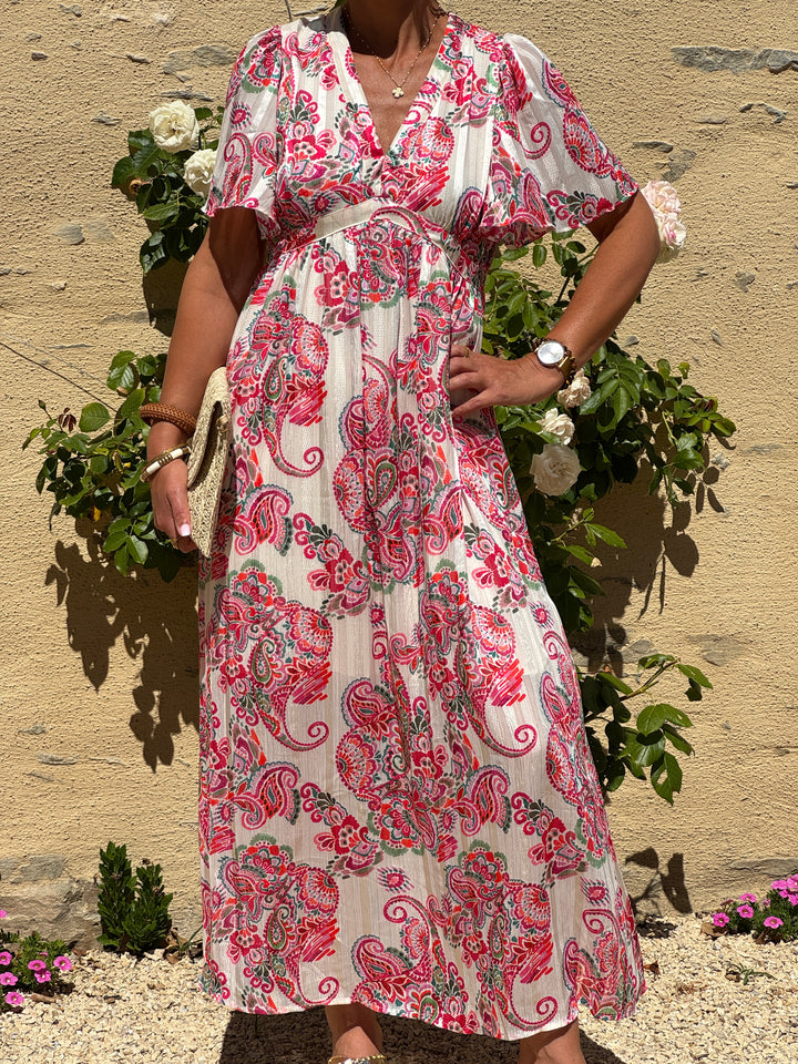 Robe imprimé floral rose, vert, rouge et orange fond blanc SUZY In April 1986