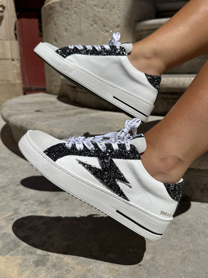 Basket blanche éclair à paillettes noir et argenté en cuir MAYA 10279 Semerdjian