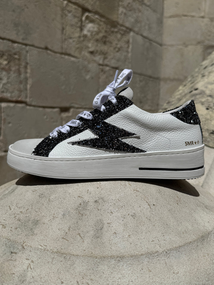 Basket blanche éclair à paillettes noir et argenté en cuir MAYA 10279 Semerdjian