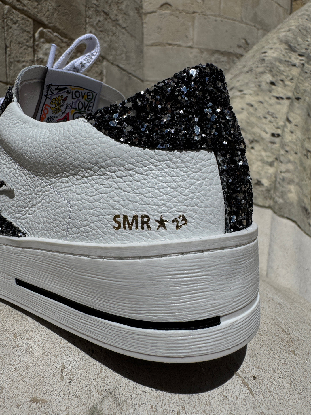 Basket blanche éclair à paillettes noir et argenté en cuir MAYA 10279 Semerdjian