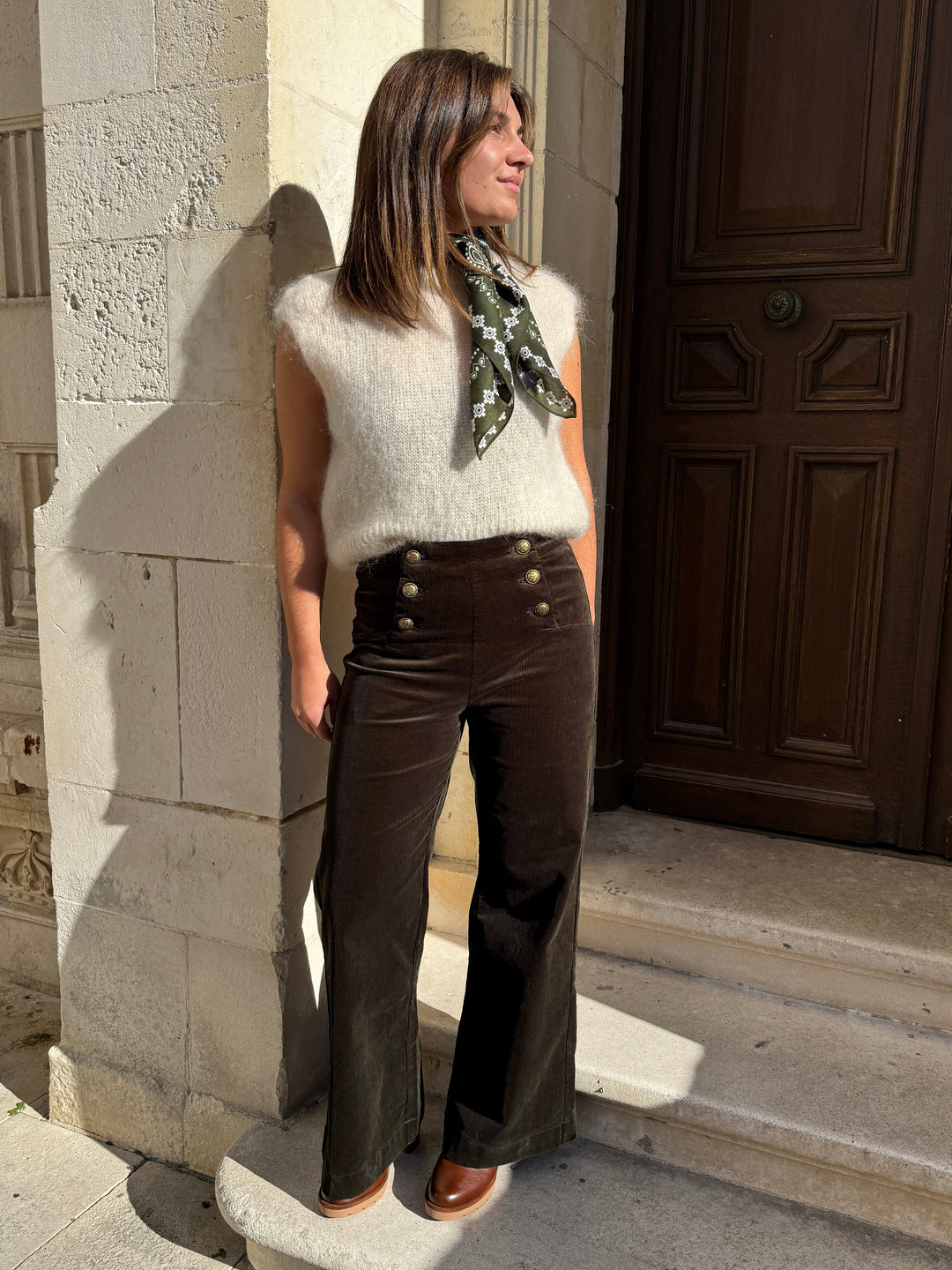 Pantalon velours kaki à pont VICTORINE Oraije