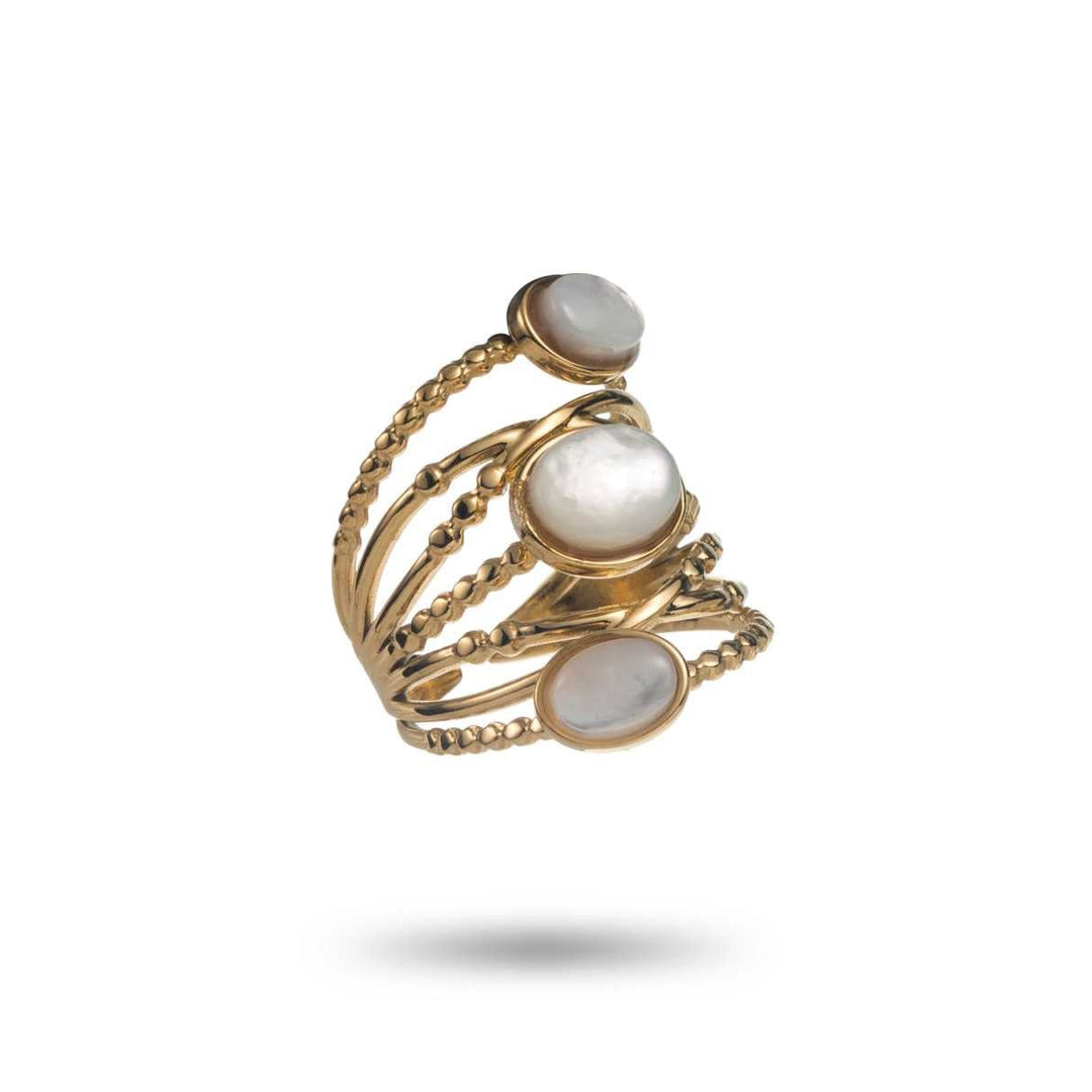 Bague dorée en acier inoxydable avec trois pierres nacrées
