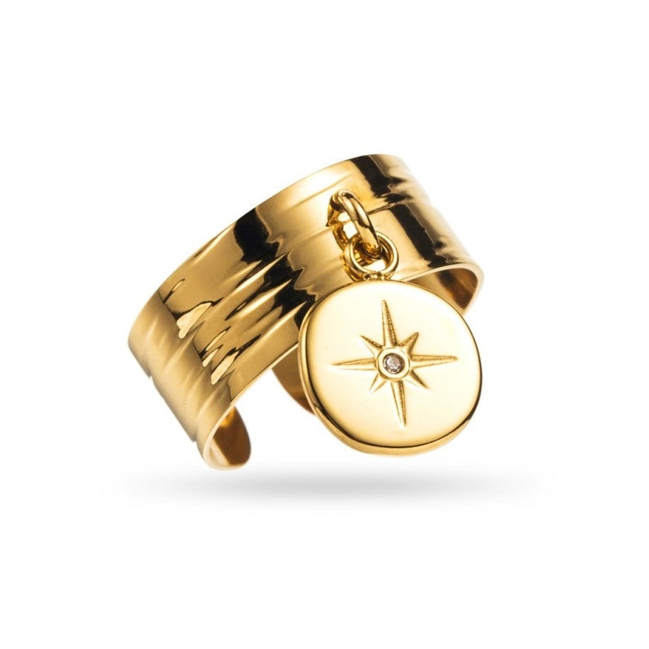 Bague dorée en acier inoxydable réglable avec pampille étoilé et mini strass – bijou tendance hypoallergénique
