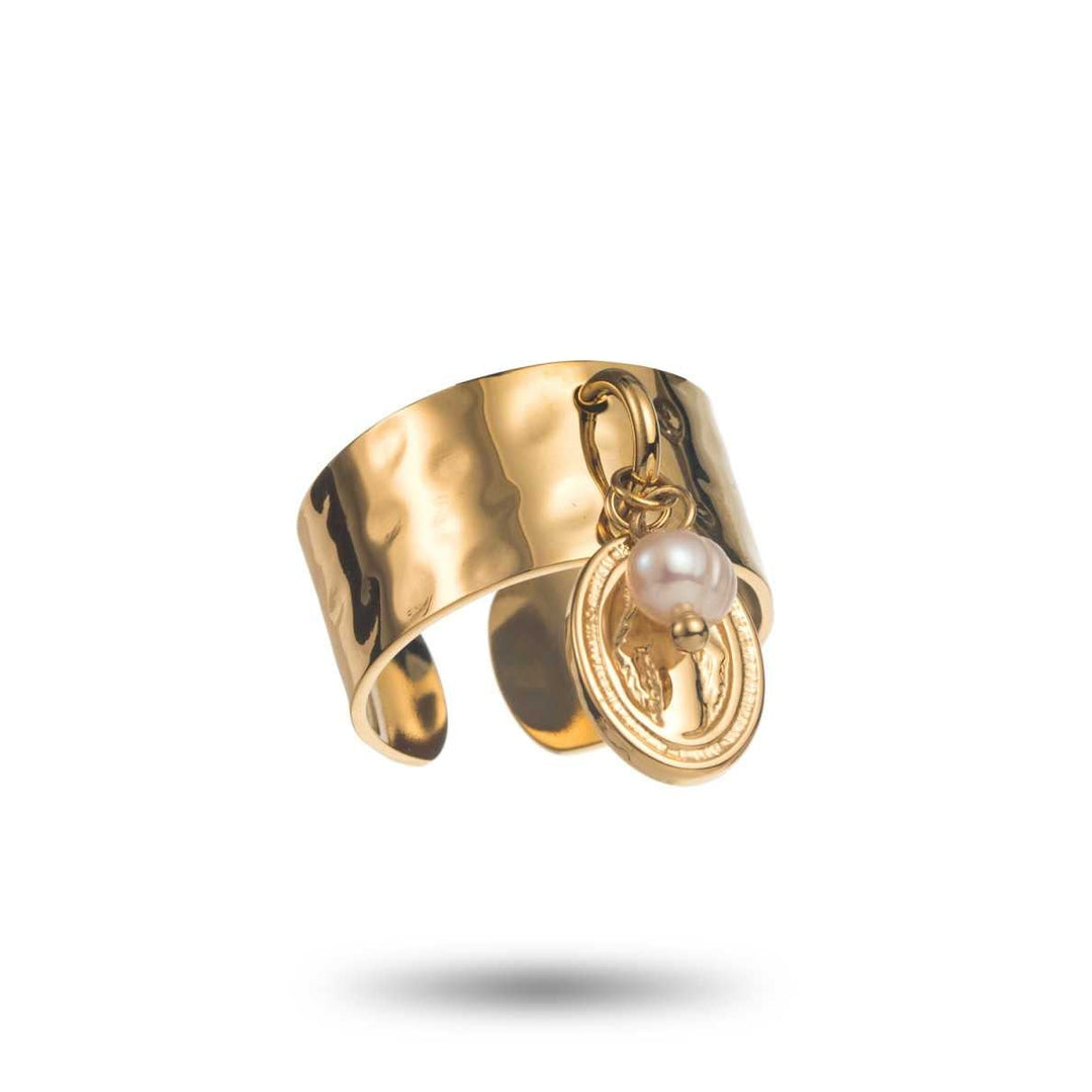 Bague dorée avec breloque pièce martelée et perle nacrée en acier inoxydable ajustable
