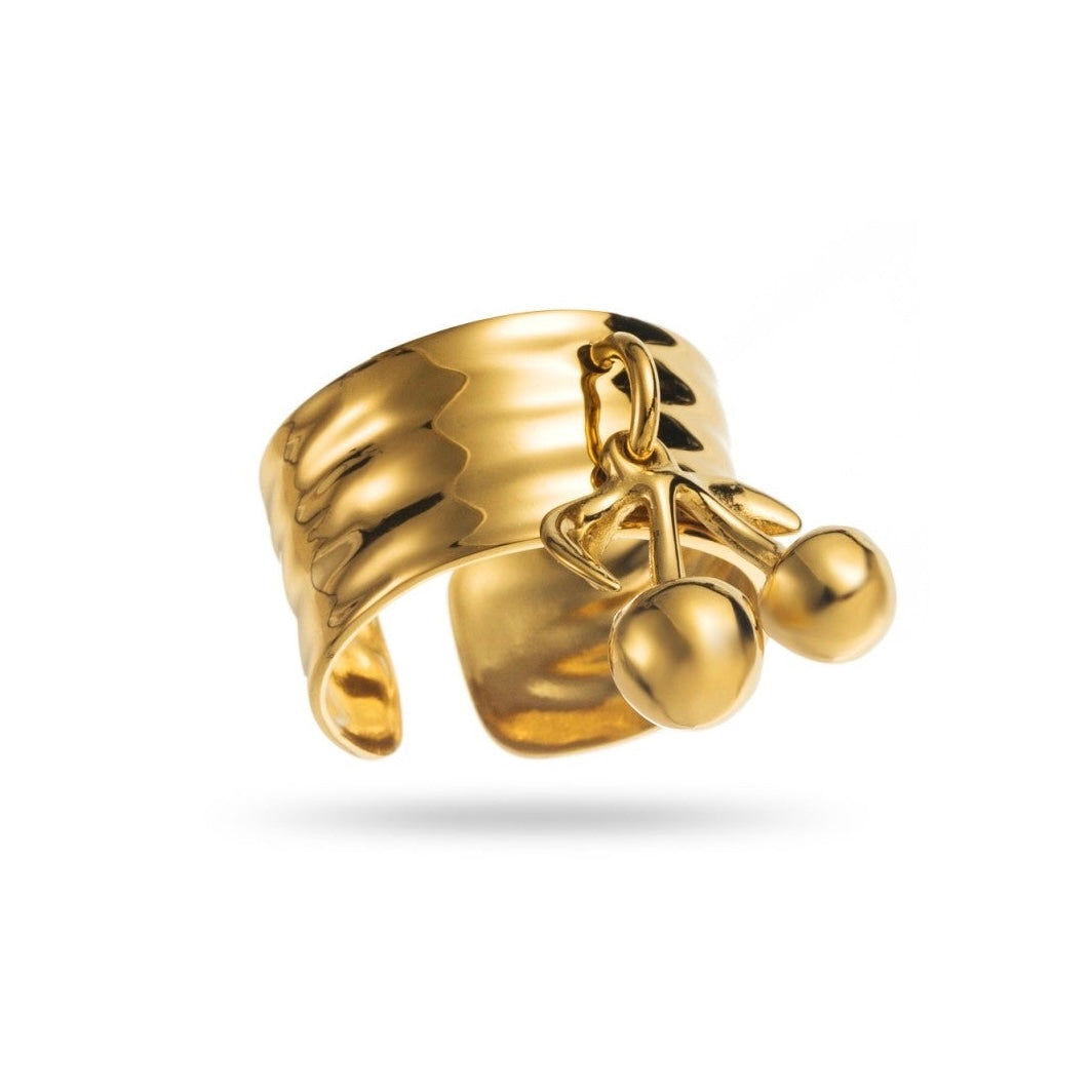 Bague dorée avec breloque cerise, en acier inoxydable réglable, hypoallergénique, résistante à l'eau et ne noircissant pas, hauteur 2 cm
