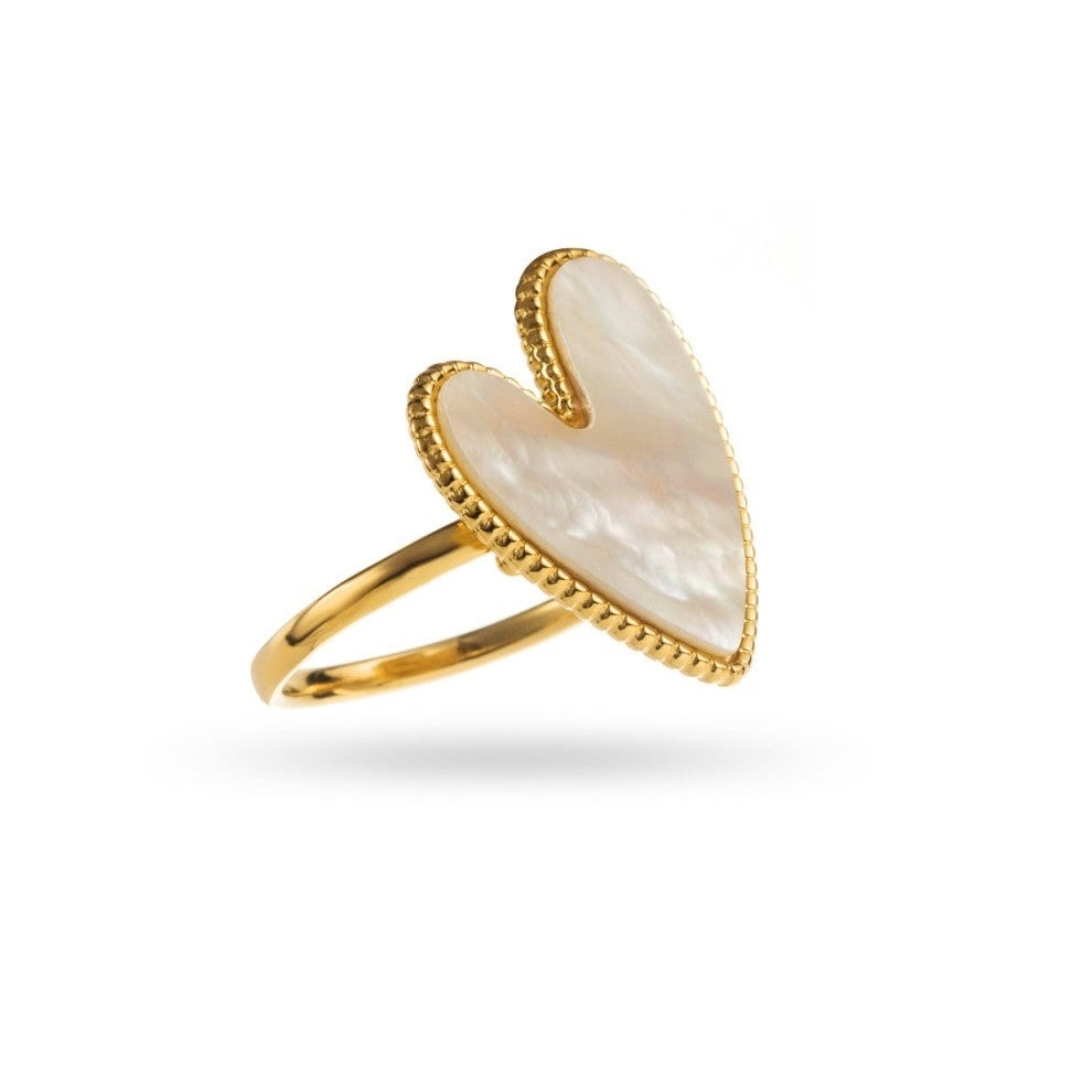 Bague dorée cœur blanc nacré, anneau réglable hypoallergénique et résistant à l’eau