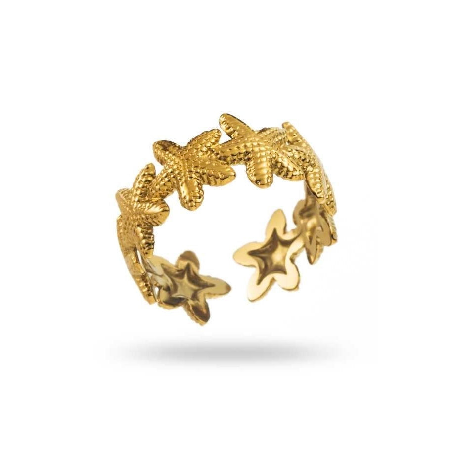 Bague dorée motif étoile de mer, réglable, hypoallergénique, résistante à l'eau, ne noircit pas