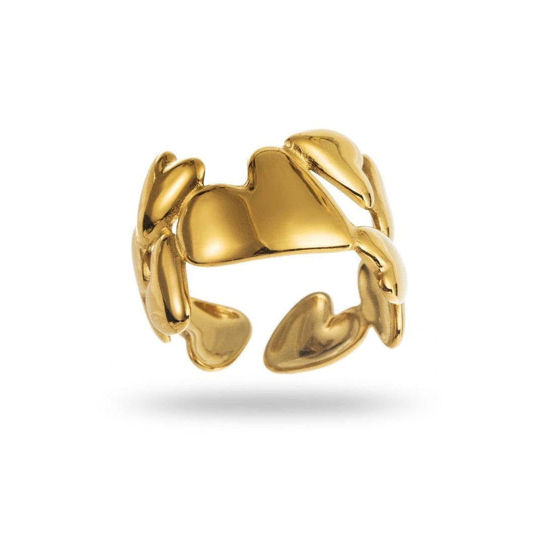 Bague dorée farandole de cœurs finition miroir, en acier inoxydable réglable, hypoallergénique, résistante à l'eau et ne noircissant pas, hauteur 1,2 cm