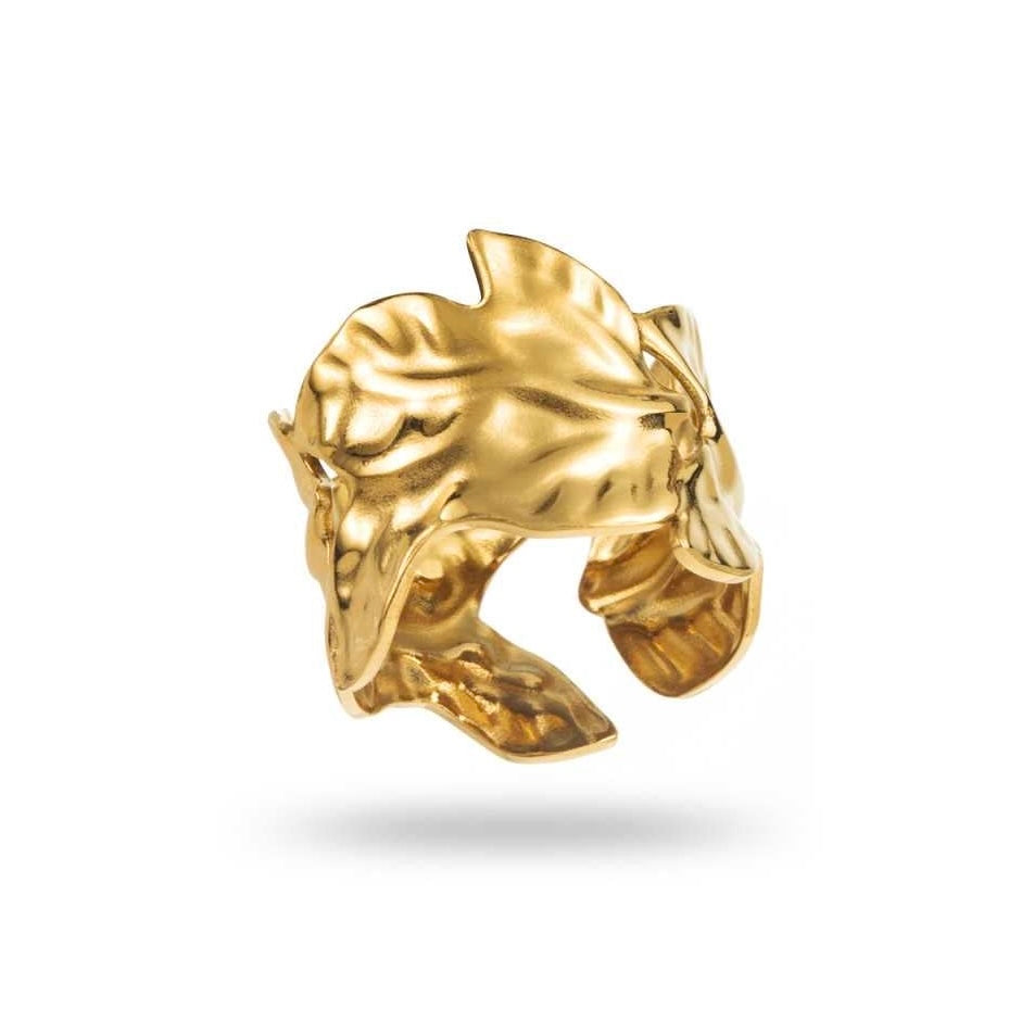 Bague dorée en forme de feuille, en acier inoxydable réglable, hypoallergénique, résistante à l'eau et ne noircit pas