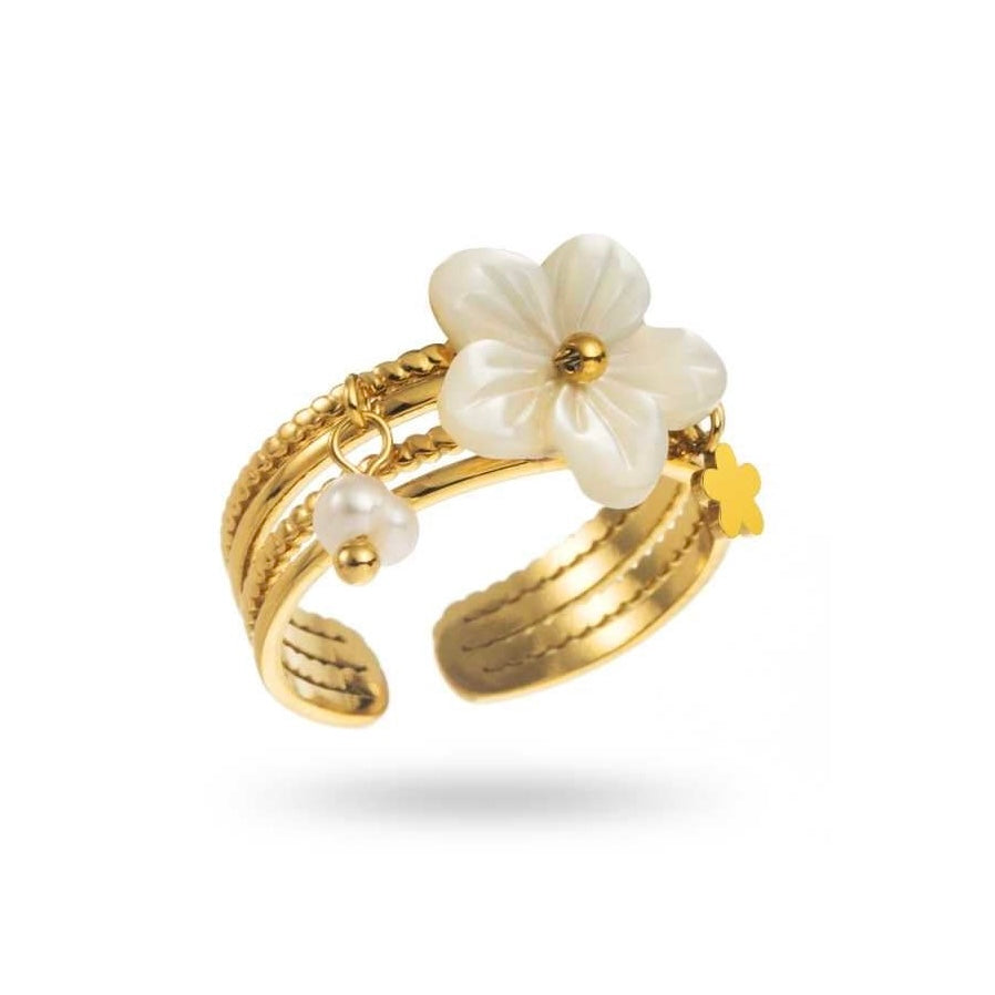 Bague dorée en acier inoxydable avec fleur blanche, perle dorée et breloques, réglable et résistante à l’eau