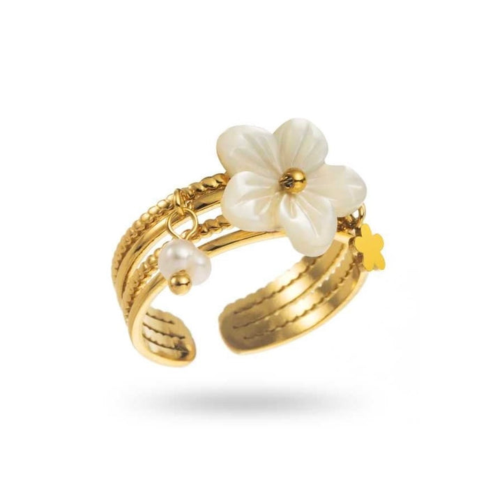 Bague dorée en acier inoxydable avec fleur blanche, perle dorée et breloques, réglable et résistante à l’eau