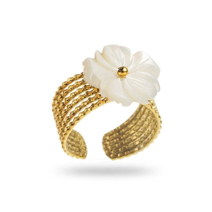 Bague dorée avec fleur en nacre blanche, en acier inoxydable réglable, hypoallergénique, résistante à l'eau et ne noircit pas