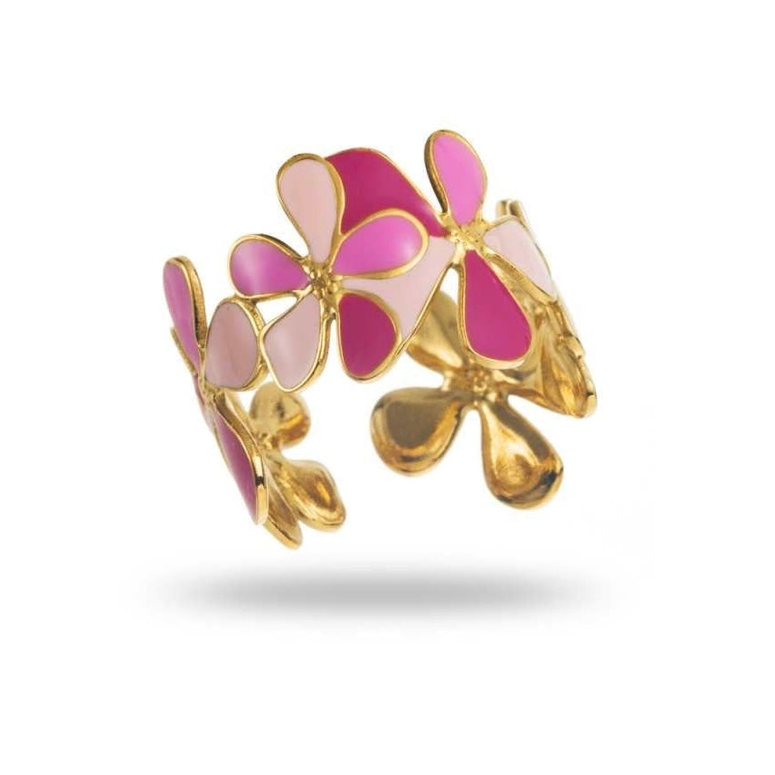 Bague dorée ornée de fleurs rose, fuchsia et rose pâle, en acier inoxydable réglable, hypoallergénique, résistante à l'eau et ne noircit pas