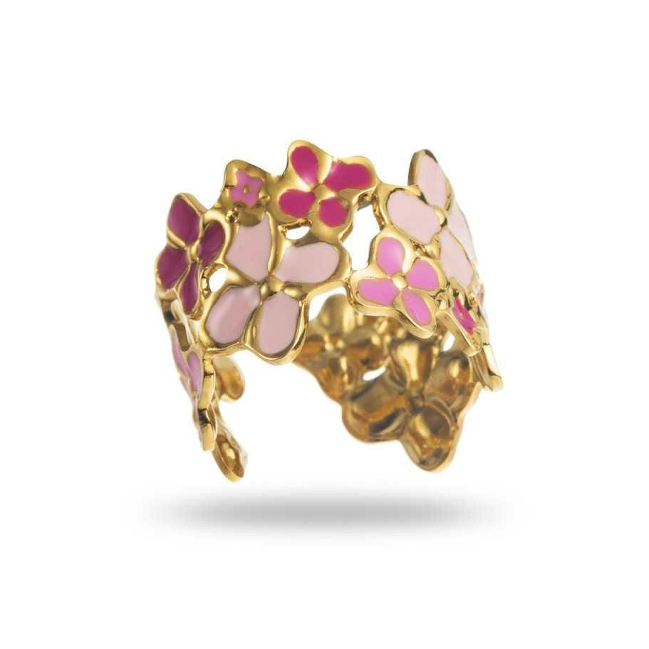 Bague dorée avec fleurs entrelacées rose, fuchsia et rose pâle, en acier inoxydable, réglable, hypoallergénique, résistante à l'eau et ne noircit pas