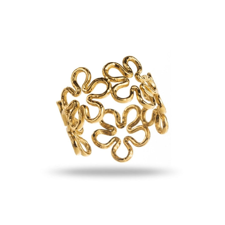 Bague jonc dorée avec farandole de fleurs ajourées, en acier inoxydable réglable, hypoallergénique, résistante à l'eau et ne noircissant pas