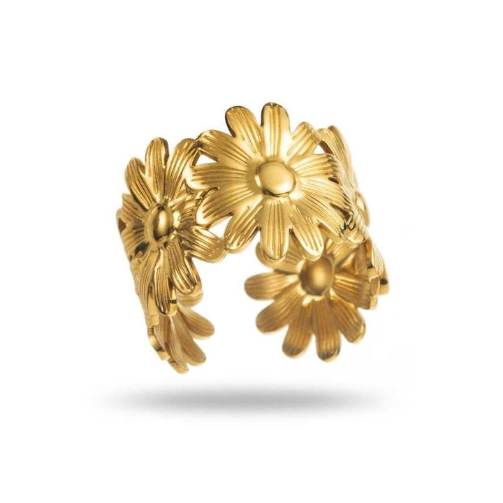 Bague dorée en acier inoxydable avec marguerites en relief, réglable, hypoallergénique, résistante à l'eau et ne noircissant pas
