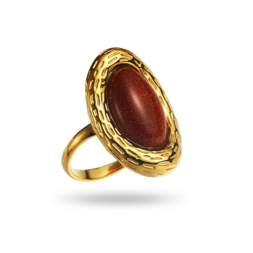 Bague dorée ovale en acier inoxydable avec pierre Sandstone, réglable, hypoallergénique et résistante à l’eau