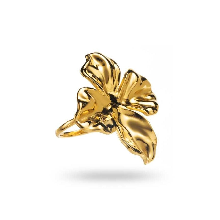 Bague dorée avec grands pétales de fleur, en acier inoxydable réglable, hypoallergénique, résistante à l'eau et ne noircissant pas, hauteur 3,5 cm