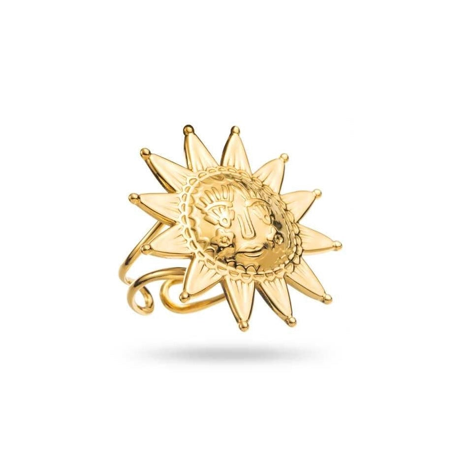 Bague dorée avec motif soleil amour, en acier inoxydable réglable, hypoallergénique, résistante à l'eau et ne noircissant pas, hauteur 2,8 cm